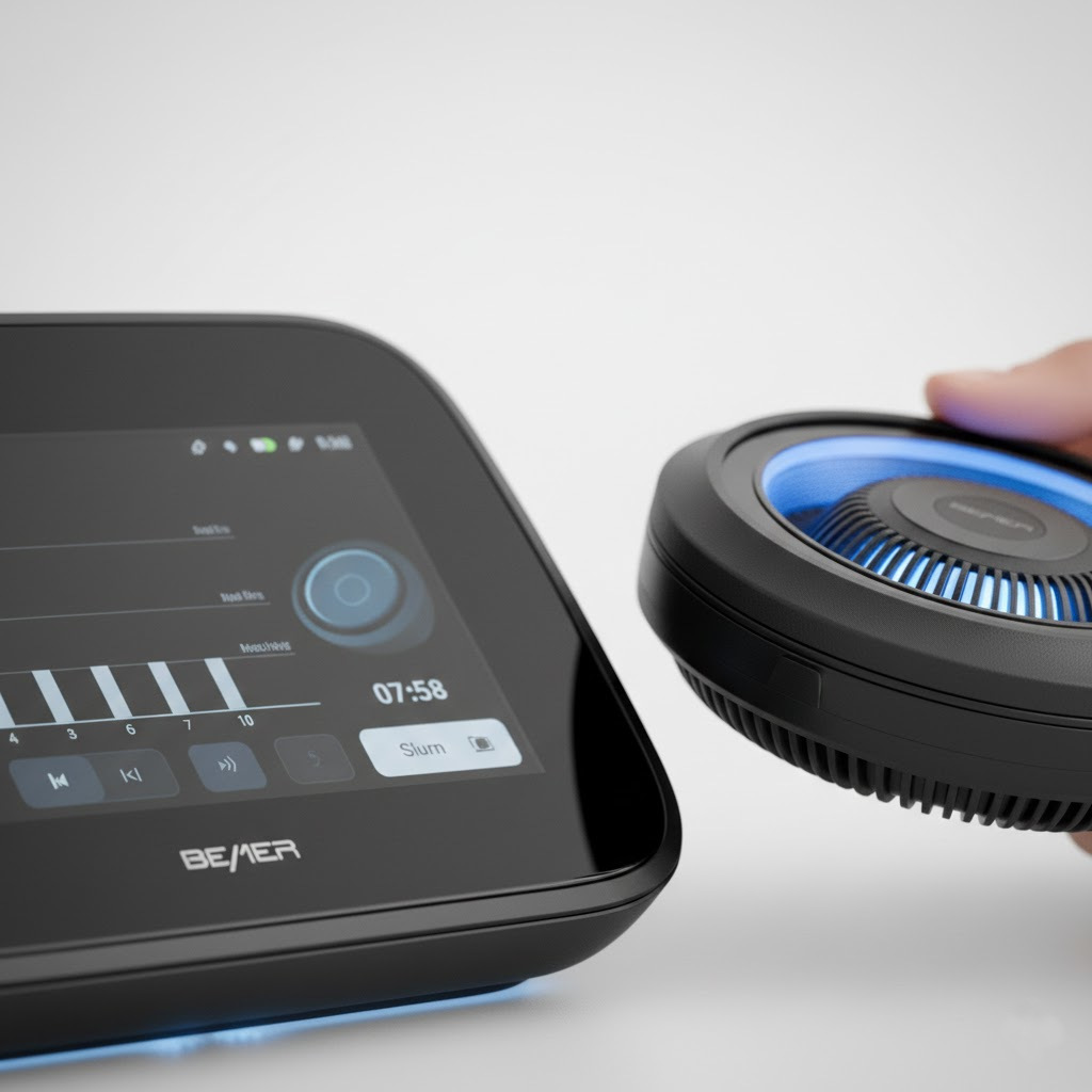 Zbliżenie na jednostkę sterującą BEMER oraz element aplikacyjny urządzenia, pokazujące interfejs sterowania i detale konstrukcyjne na jasnym tle.