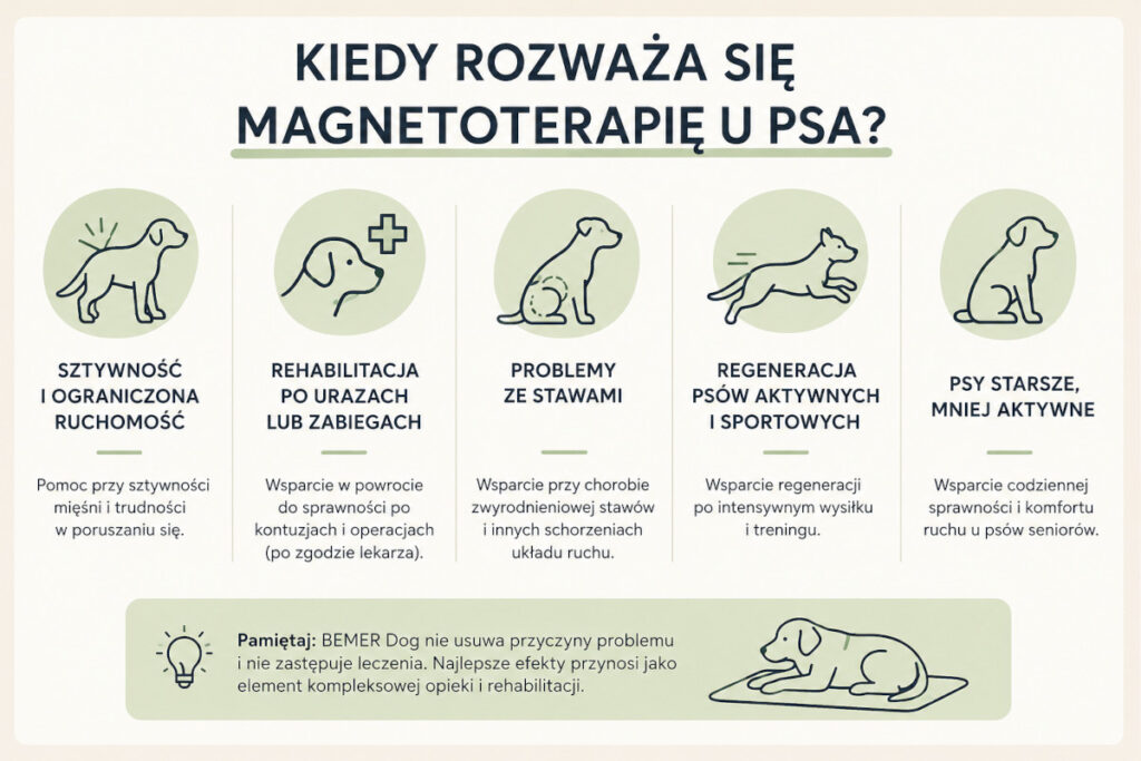 infografika omawiająca kiedy rozważyć magnetoterapię u psa