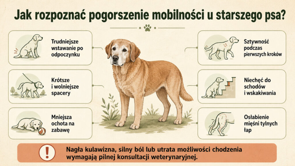 Infografika przedstawiająca sześć oznak pogorszenia mobilności u starszego psa, m.in. sztywność, krótsze spacery i trudności ze wstawaniem.