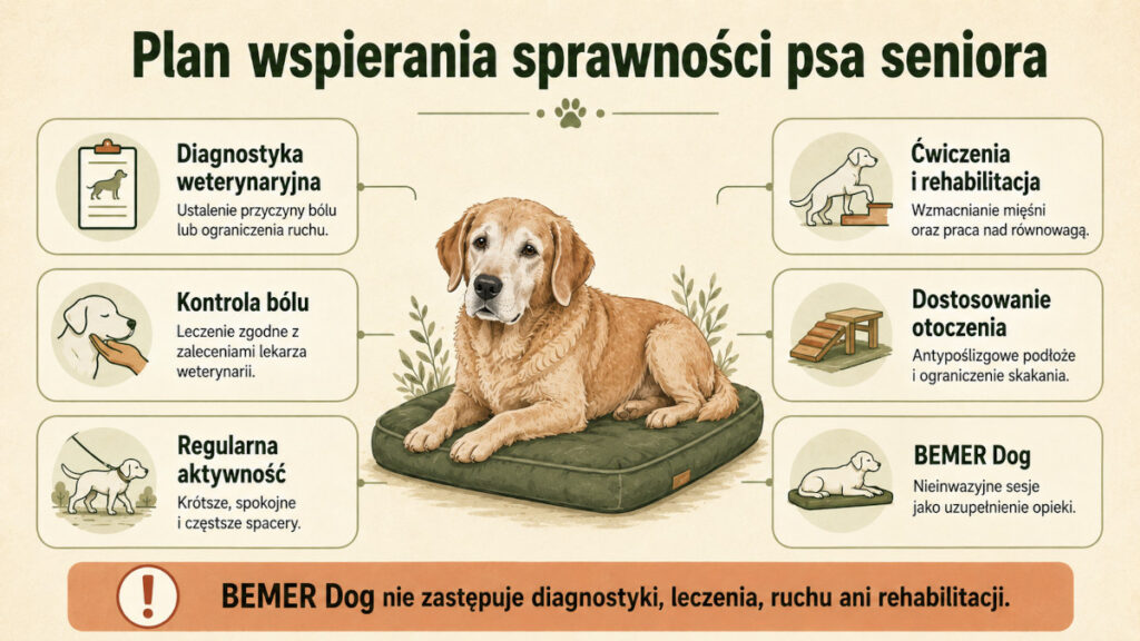 Infografika pokazująca plan wspierania sprawności psa seniora, obejmujący diagnostykę, ruch, rehabilitację i sesje BEMER Dog