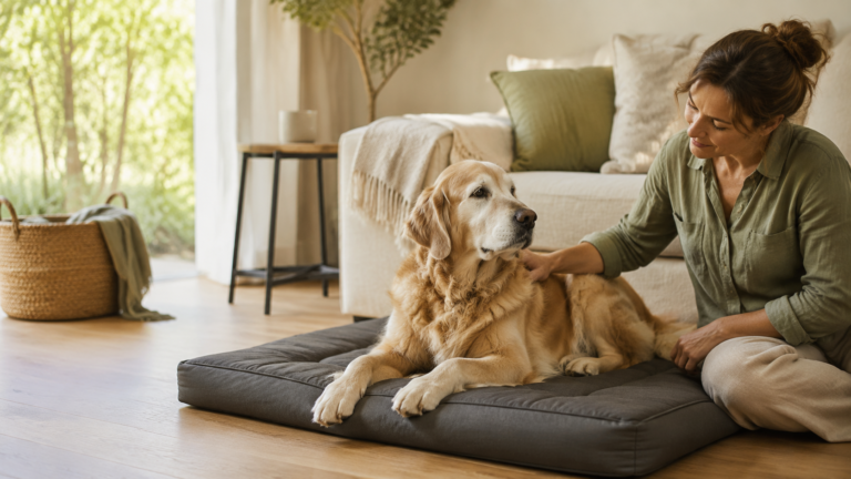 Starszy golden retriever odpoczywający na macie terapeutycznej obok głaszczącej go opiekunki.