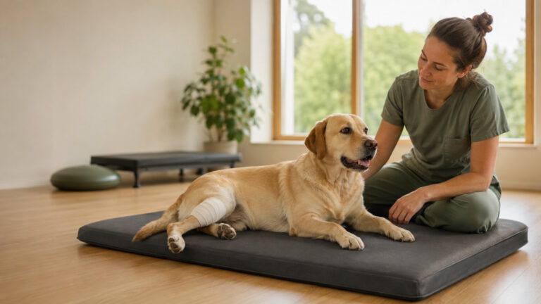 Labrador z zabandażowaną tylną łapą odpoczywający na macie terapeutycznej obok fizjoterapeutki w gabinecie rehabilitacji