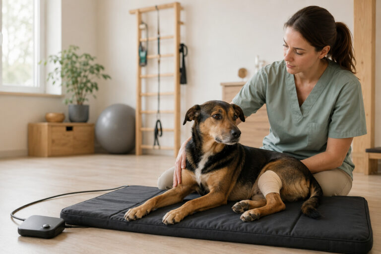Pies z opatrunkiem na tylnej łapie podczas sesji na macie BEMER Dog w gabinecie rehabilitacji weterynaryjnej
