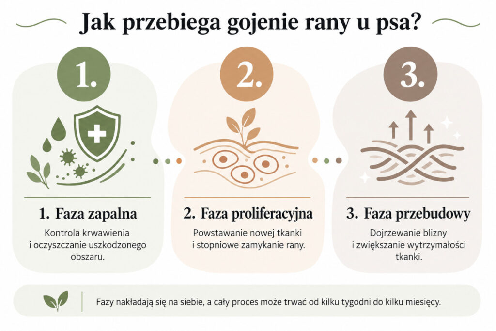 Trzy fazy gojenia rany u psa: faza zapalna, proliferacyjna i przebudowy