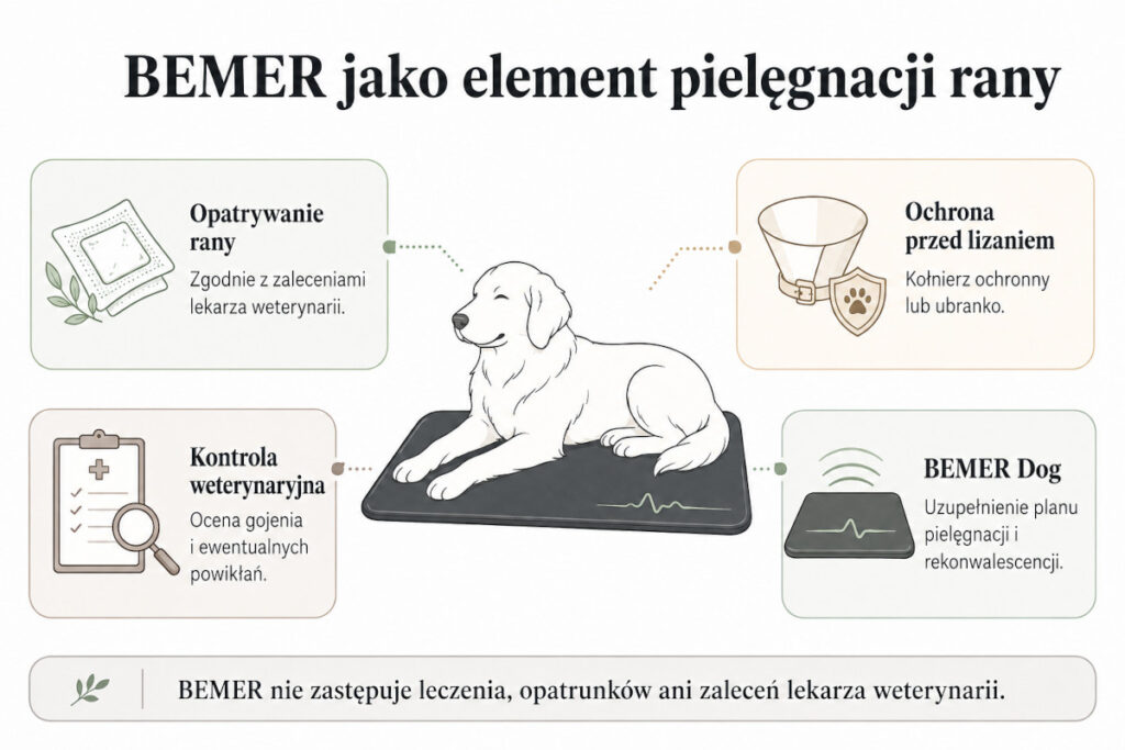 Elementy pielęgnacji rany u psa: opatrywanie, ochrona przed lizaniem, kontrola weterynaryjna i uzupełniająca terapia BEMER Dog